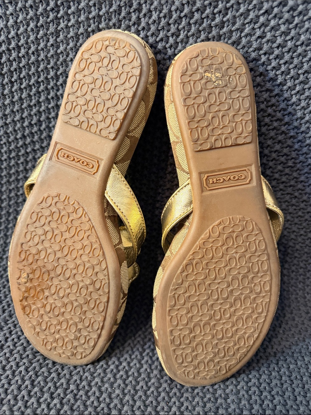 Coach Brown Signature Monogram Floral Thong Sandals with Gold Accents - Picture 6 of 6